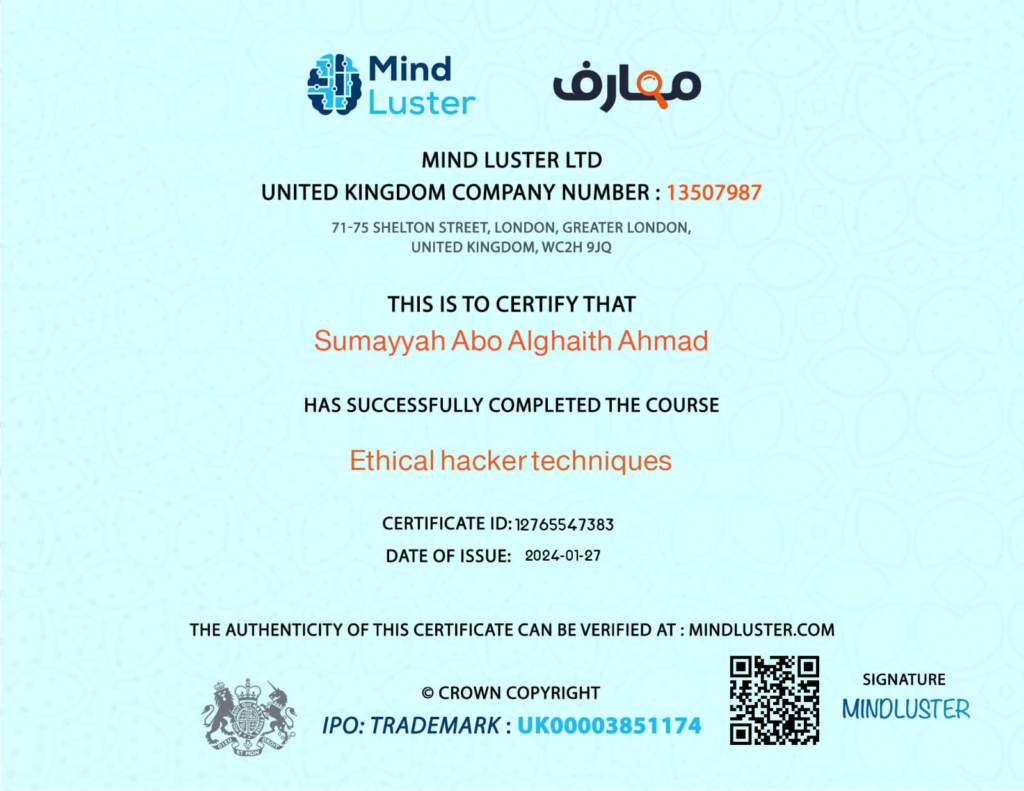 Certificate of completion for ethical hacking.